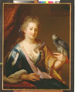 オウムに餌をやる女性の肖像画
